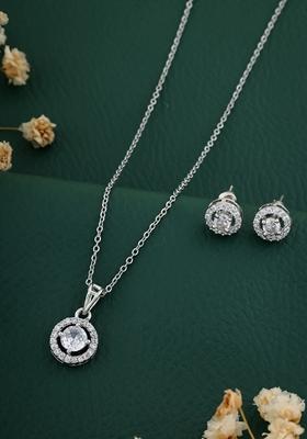 Silver Plated White Stone Studed Chain Pendent With Earrings