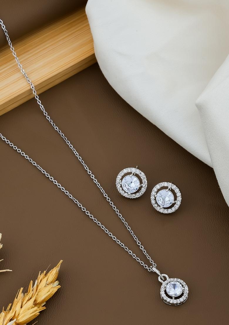 Silver Plated White Stone Studed Chain Pendent With Earrings