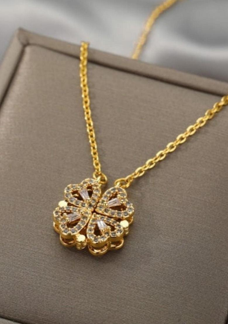 Heart Four Leaf Gold Plated Clover Magnetic Pendant Necklace