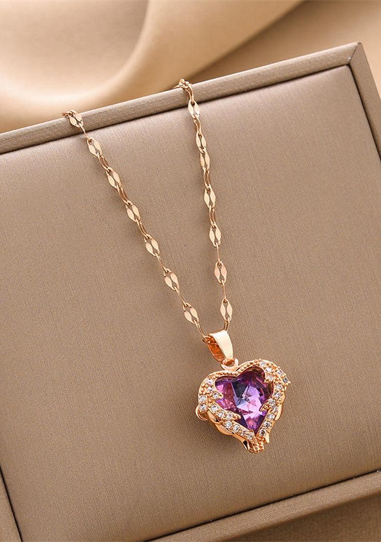 Rose Gold Purple Crystal Ocean Heart Pendant Necklace