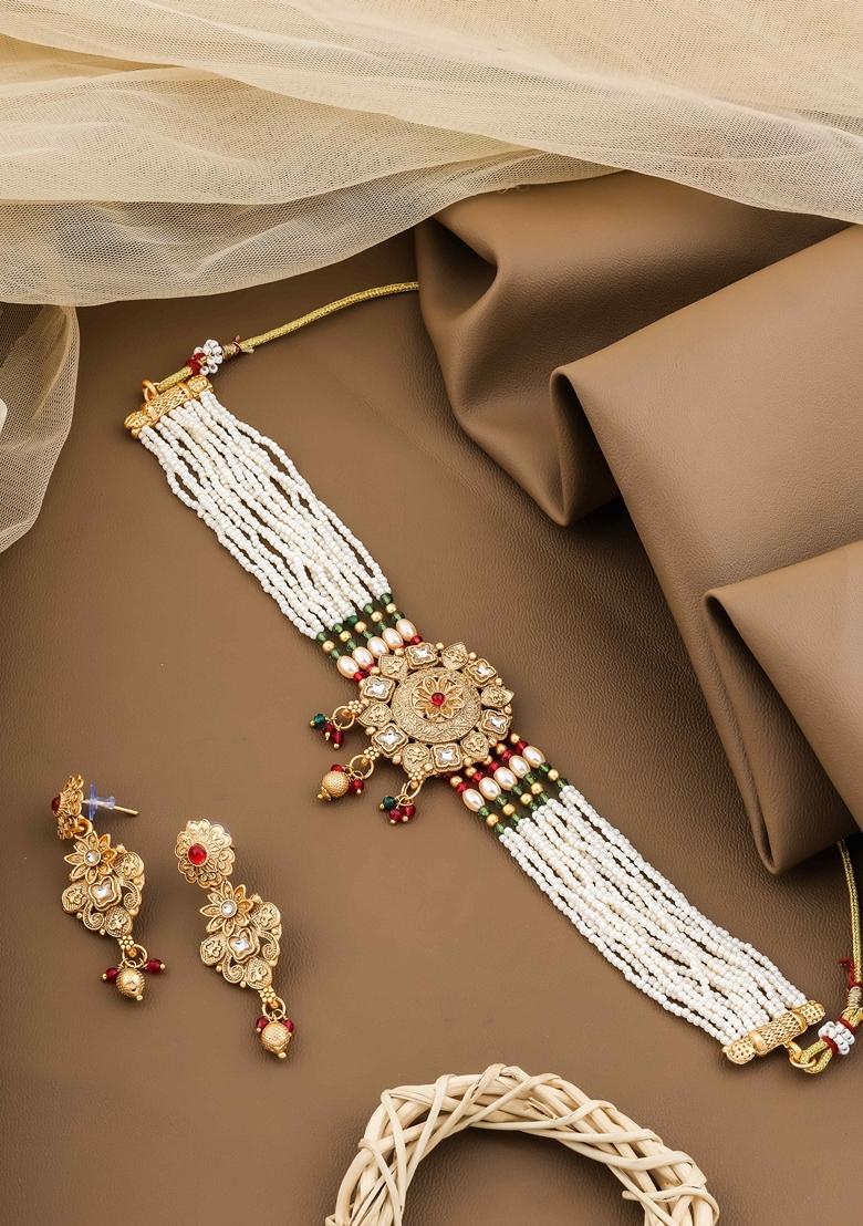 Gold Plated Red And Green Pearl With Brass Patch Choker Set