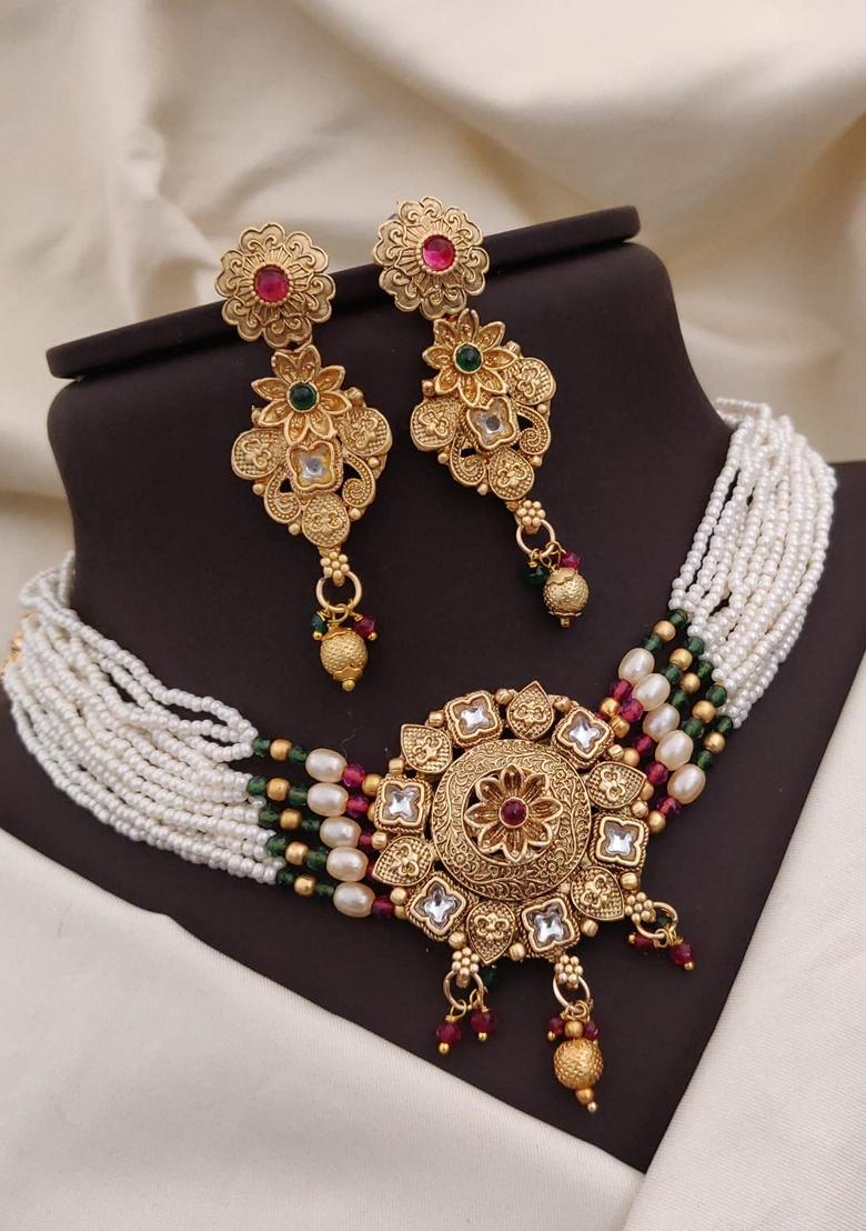 Gold Plated Red And Green Pearl With Brass Patch Choker Set