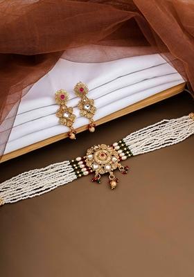 Gold Plated Red And Green Pearl With Brass Patch Choker Set