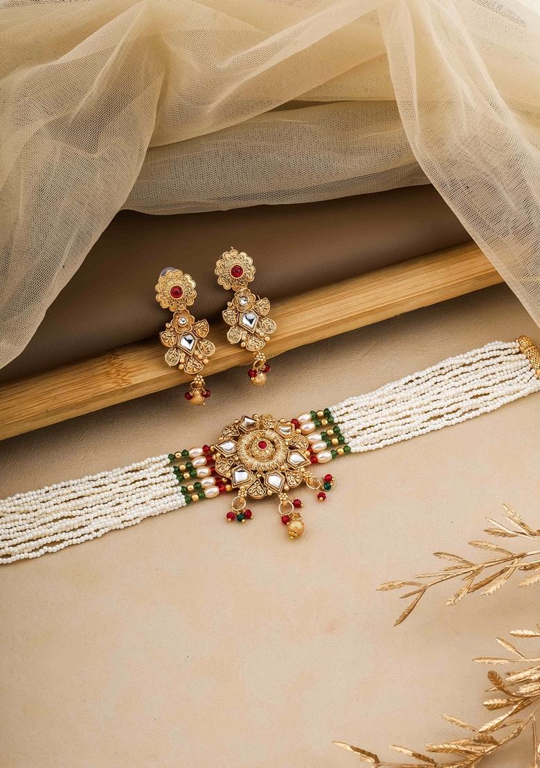 Gold Plated Red And Green Pearl With Brass Patch Choker Set
