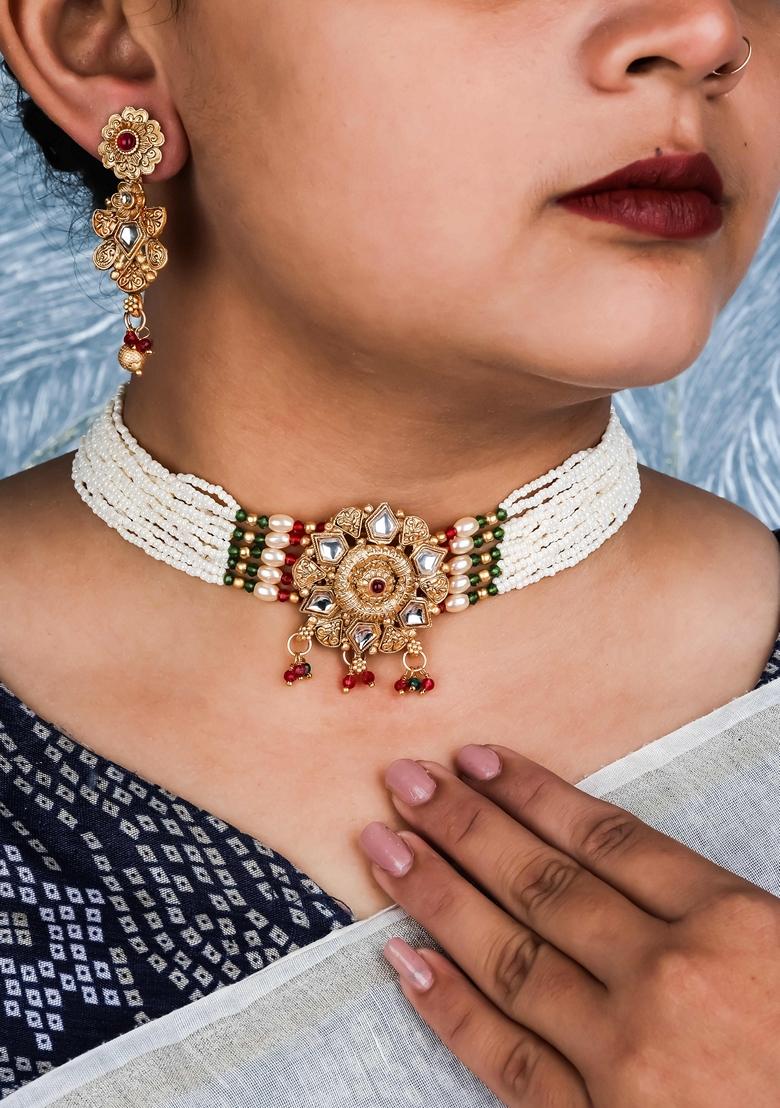 Gold Plated Red And Green Pearl With Brass Patch Choker Set