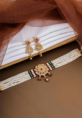 Gold Plated Red And Green Pearl With Brass Patch Choker Set