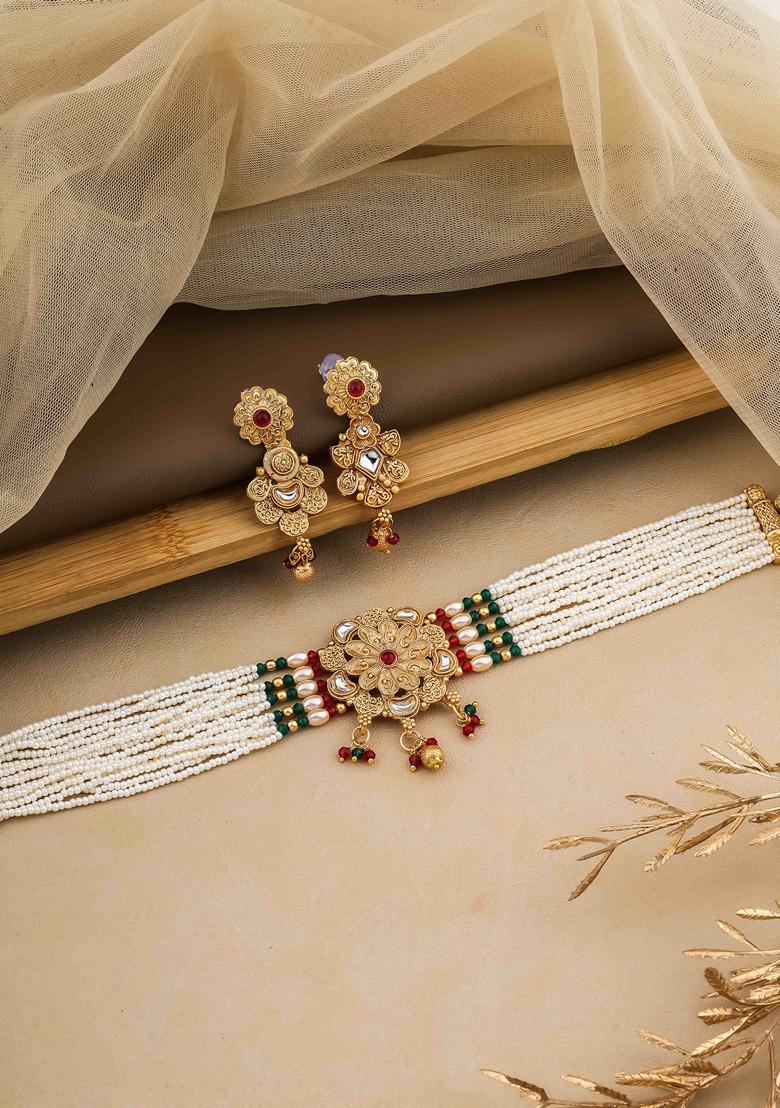 Gold Plated Red And Green Pearl With Brass Patch Choker Set