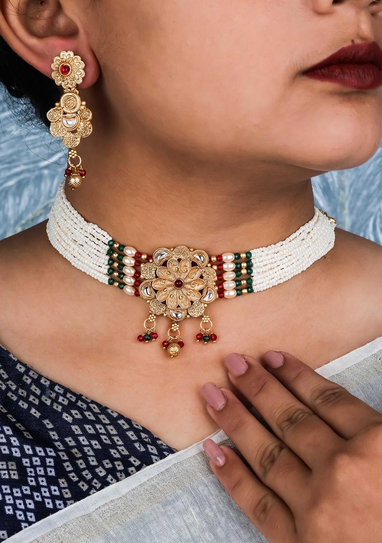 Gold Plated Red And Green Pearl With Brass Patch Choker Set