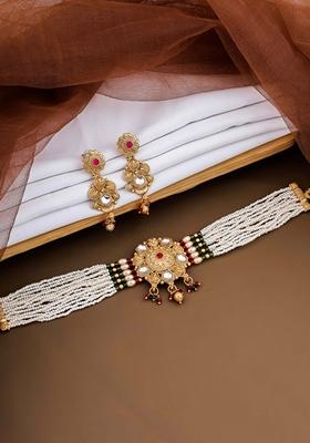 Gold Plated Red And Green Pearl With Brass Patch Choker Set