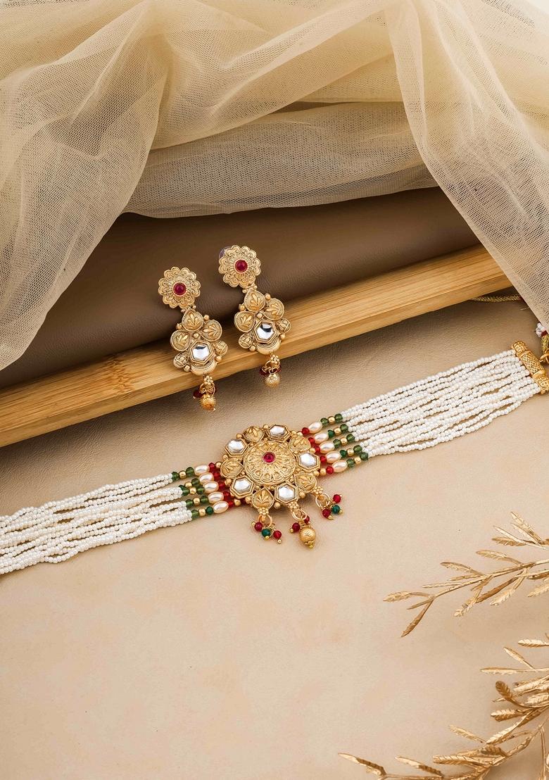 Gold Plated Red And Green Pearl With Brass Patch Choker Set