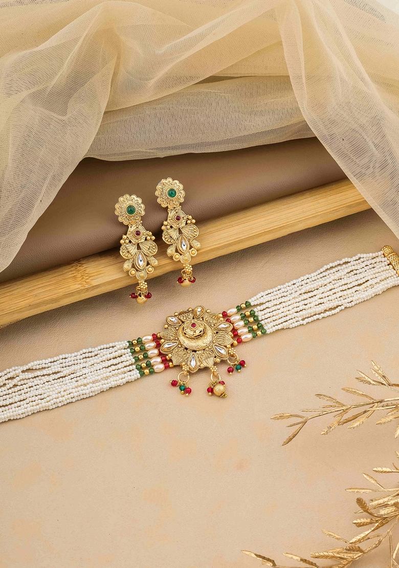 Gold Plated Red And Green Pearl With Brass Patch Choker Set