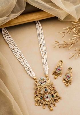 Royal Heritage White Pearl Long Necklace Set With Kundan Stones