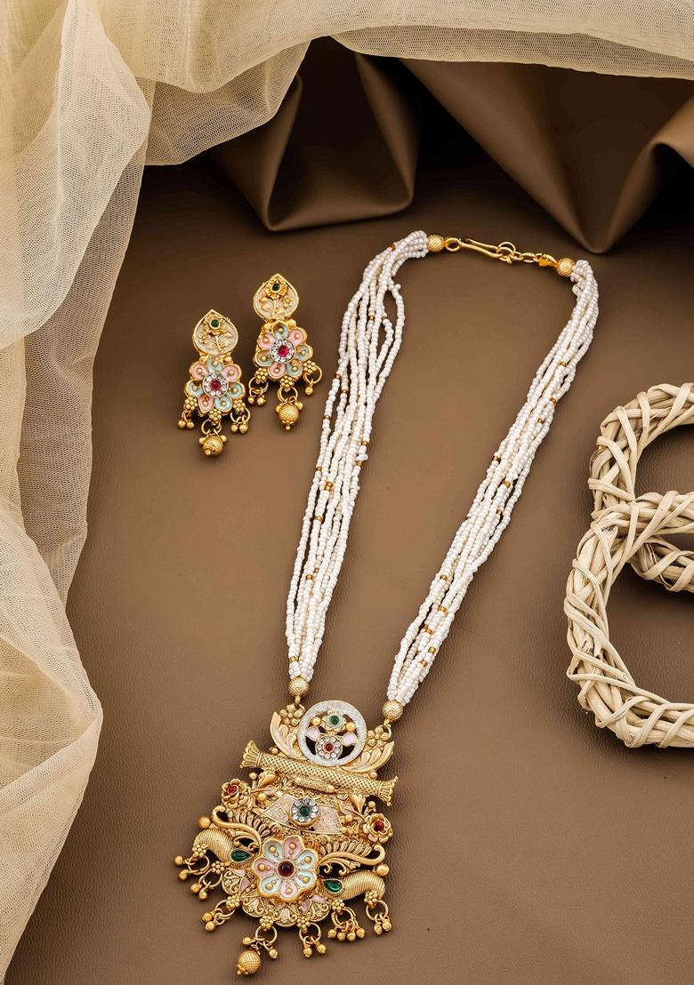 Royal Heritage White Pearl Long Necklace Set With Kundan Stones