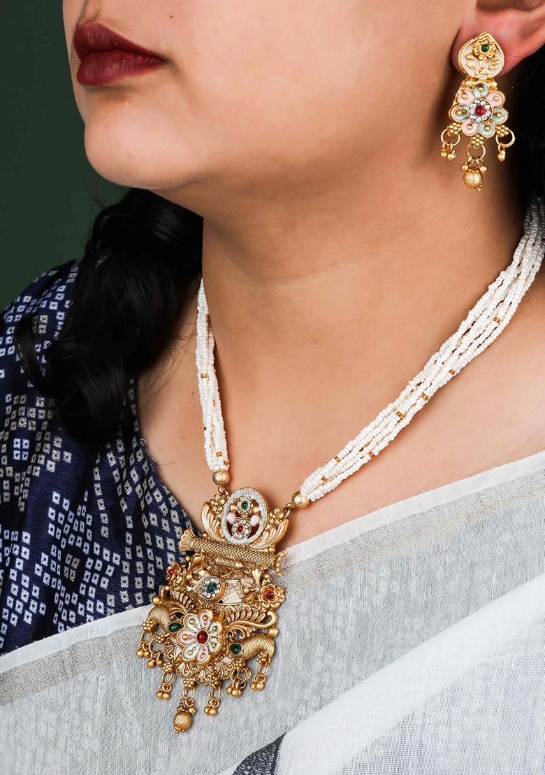 Royal Heritage White Pearl Long Necklace Set With Kundan Stones