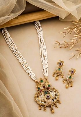 Royal Heritage White Pearl Long Necklace Set With Kundan Stones