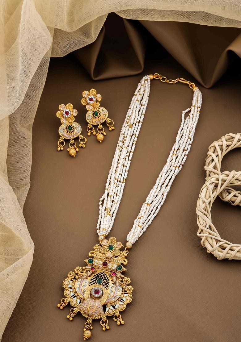 Royal Heritage White Pearl Long Necklace Set With Kundan Stones