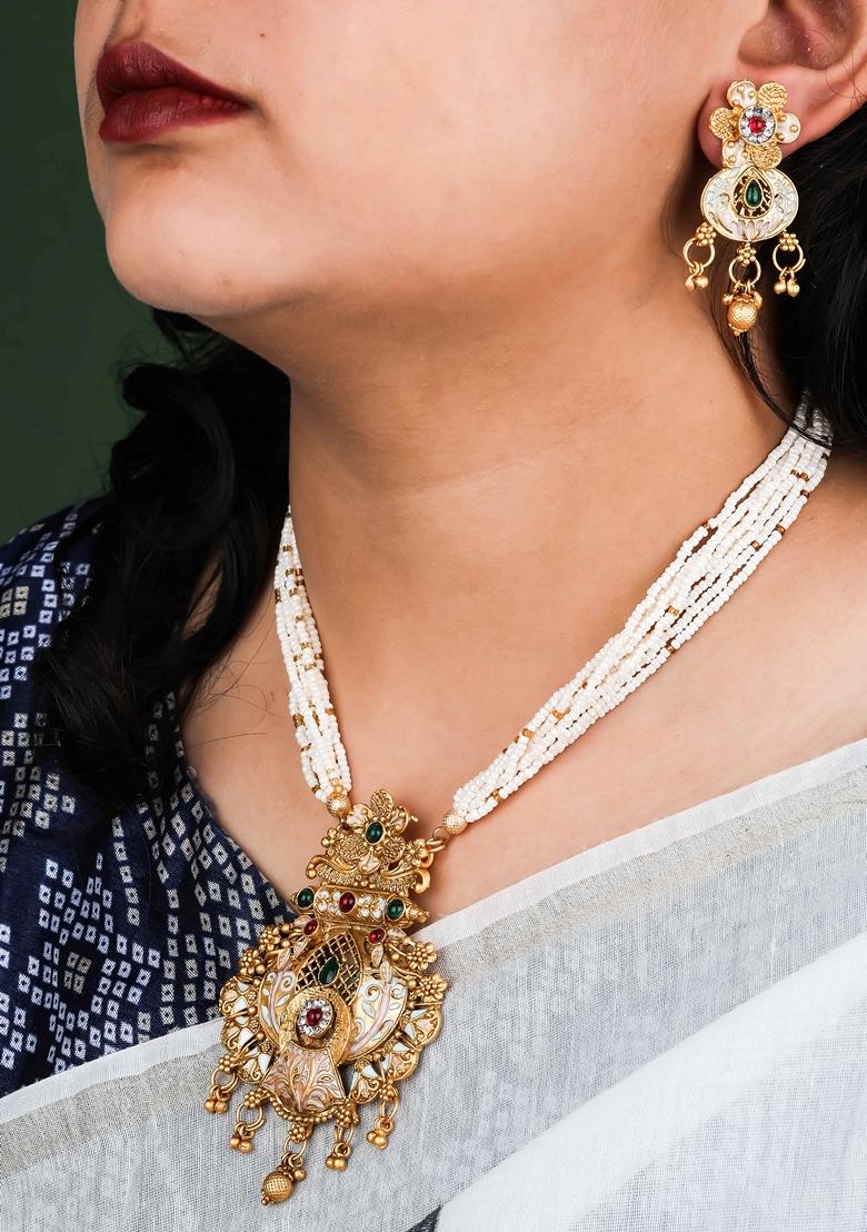 Royal Heritage White Pearl Long Necklace Set With Kundan Stones