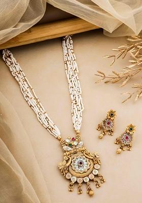 Royal Heritage White Pearl Long Necklace Set With Kundan Stones