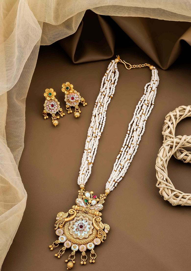 Royal Heritage White Pearl Long Necklace Set With Kundan Stones