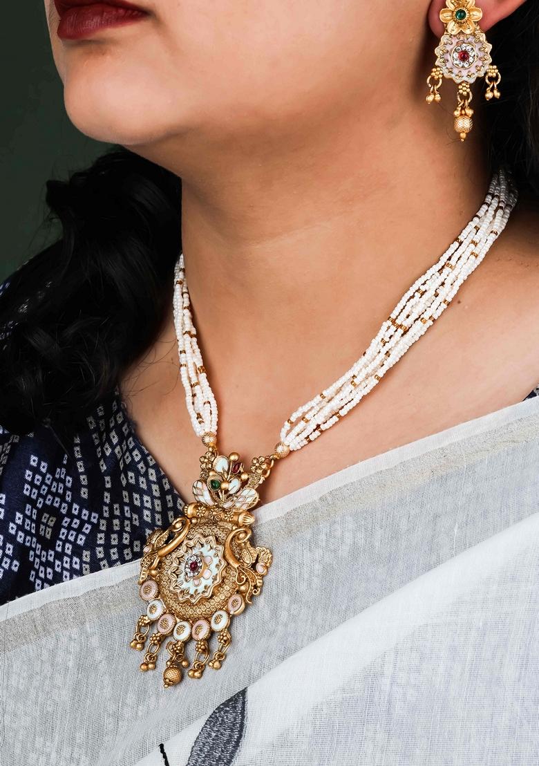 Royal Heritage White Pearl Long Necklace Set With Kundan Stones
