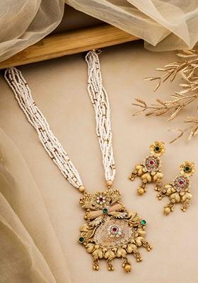 Royal Heritage White Pearl Long Necklace Set With Kundan Stones