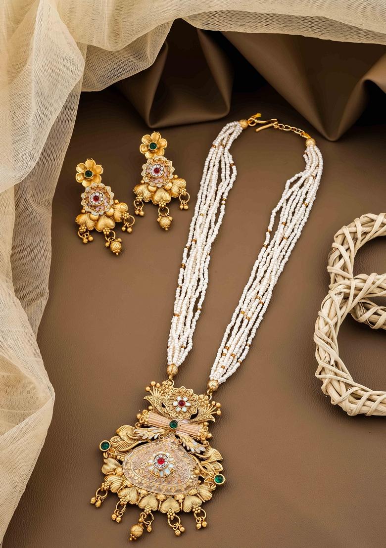 Royal Heritage White Pearl Long Necklace Set With Kundan Stones