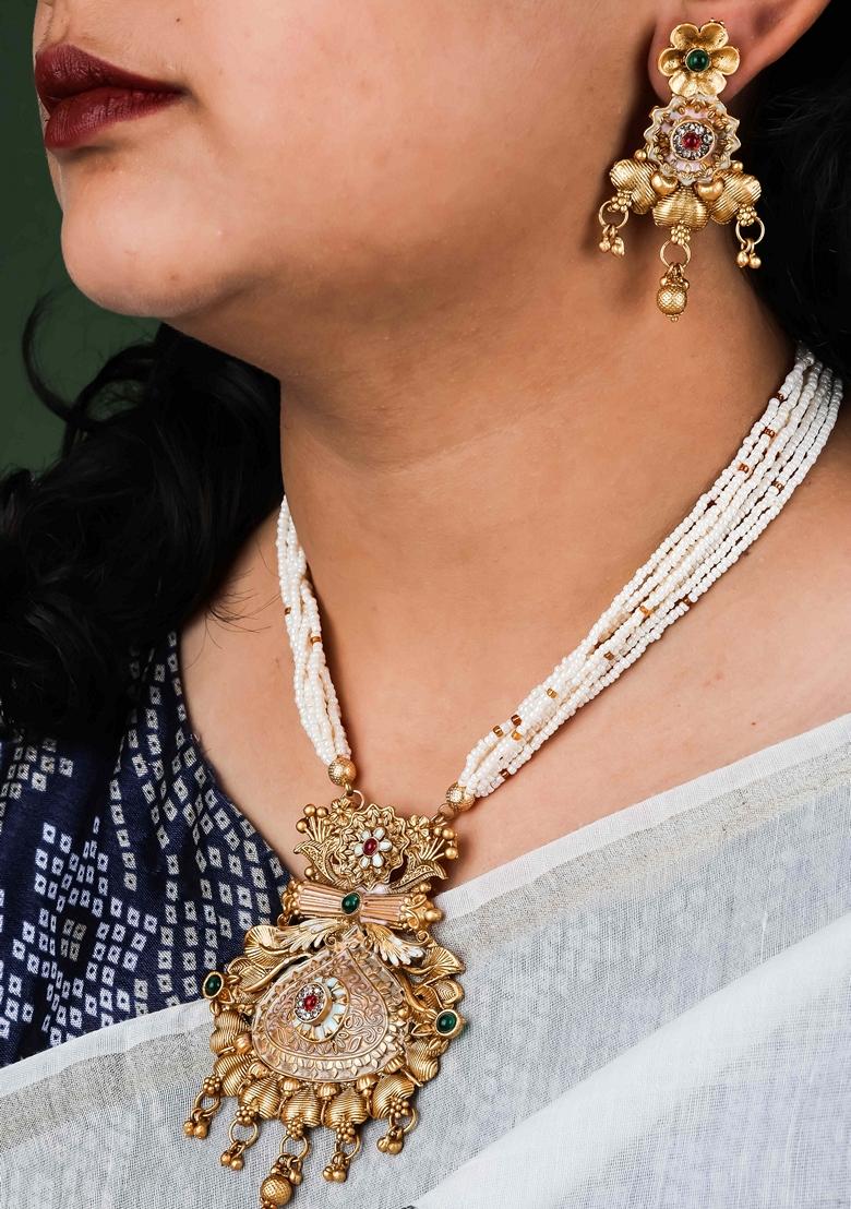 Royal Heritage White Pearl Long Necklace Set With Kundan Stones