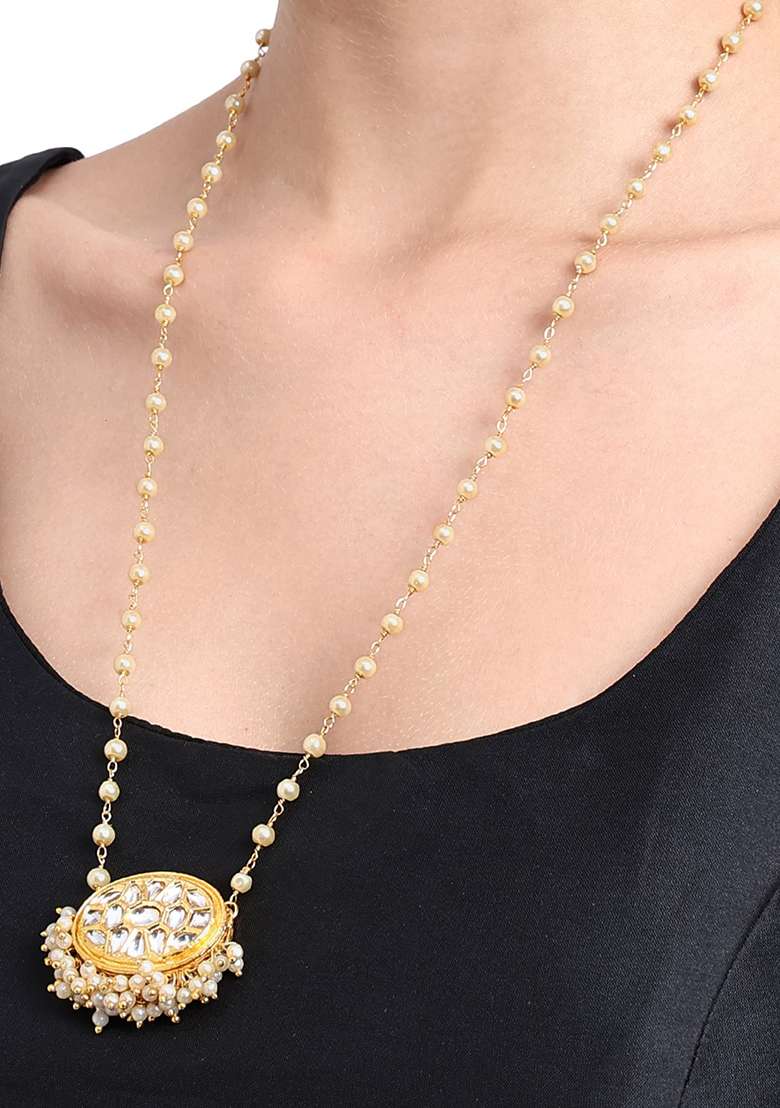 22Kt Gold Plated Sunrise Kundan Pearl Chain Necklace - Indya