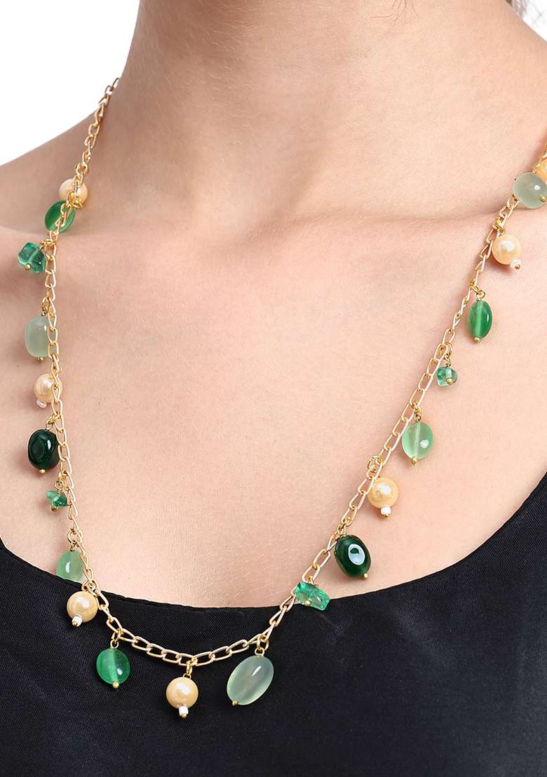 22Kt Gold Plated Lush Green Contemporary Chain Necklace - Indya