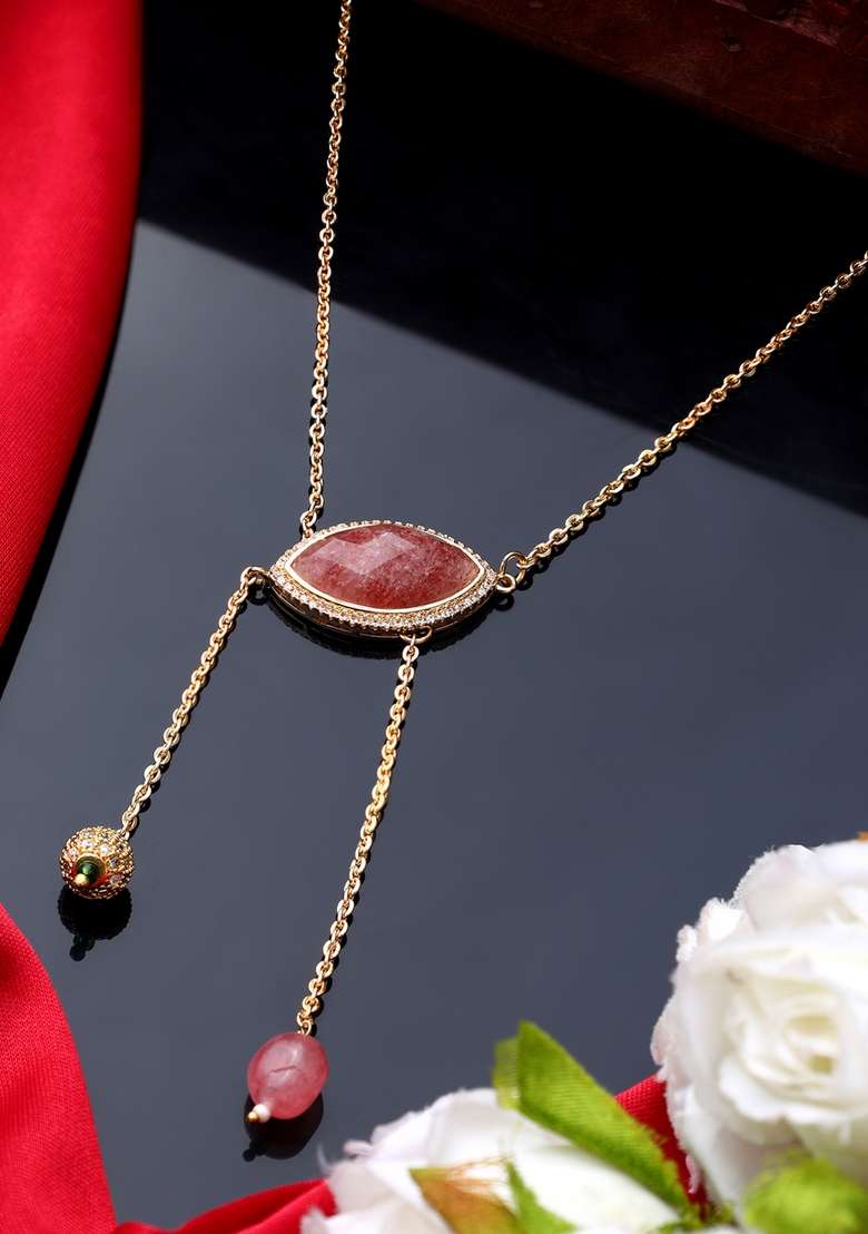 22Kt Gold Plated Rose Quartz Asymmetric Necklace - Indya