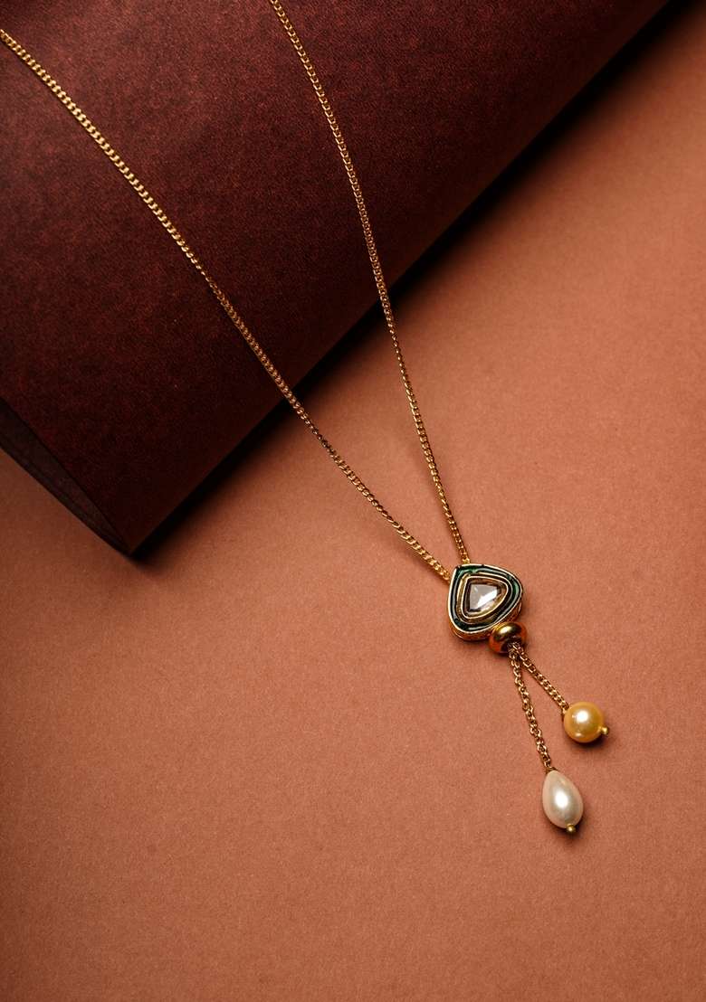 22Kt Gold Plated Green Enameled Kundan Lariat - Indya