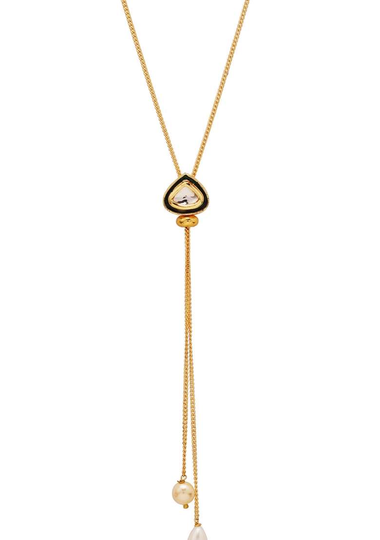 22Kt Gold Plated Green Enameled Kundan Lariat - Indya