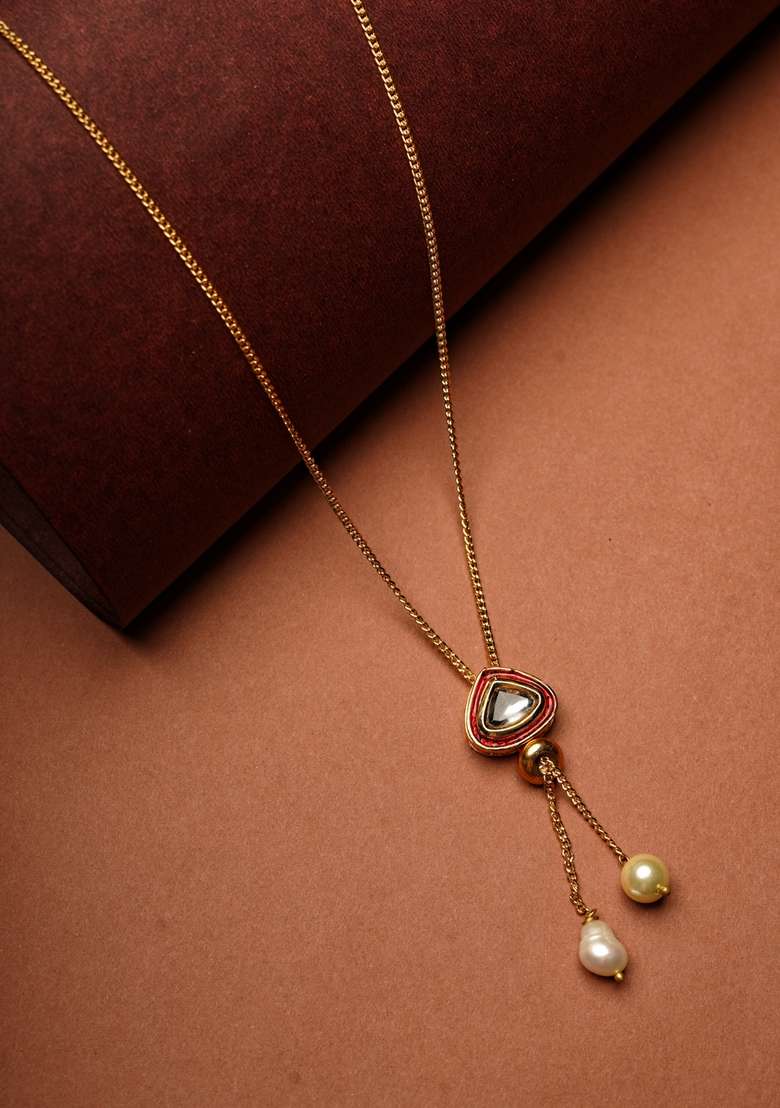 22Kt Gold Plated Red Enameled Kundan Lariat - Indya