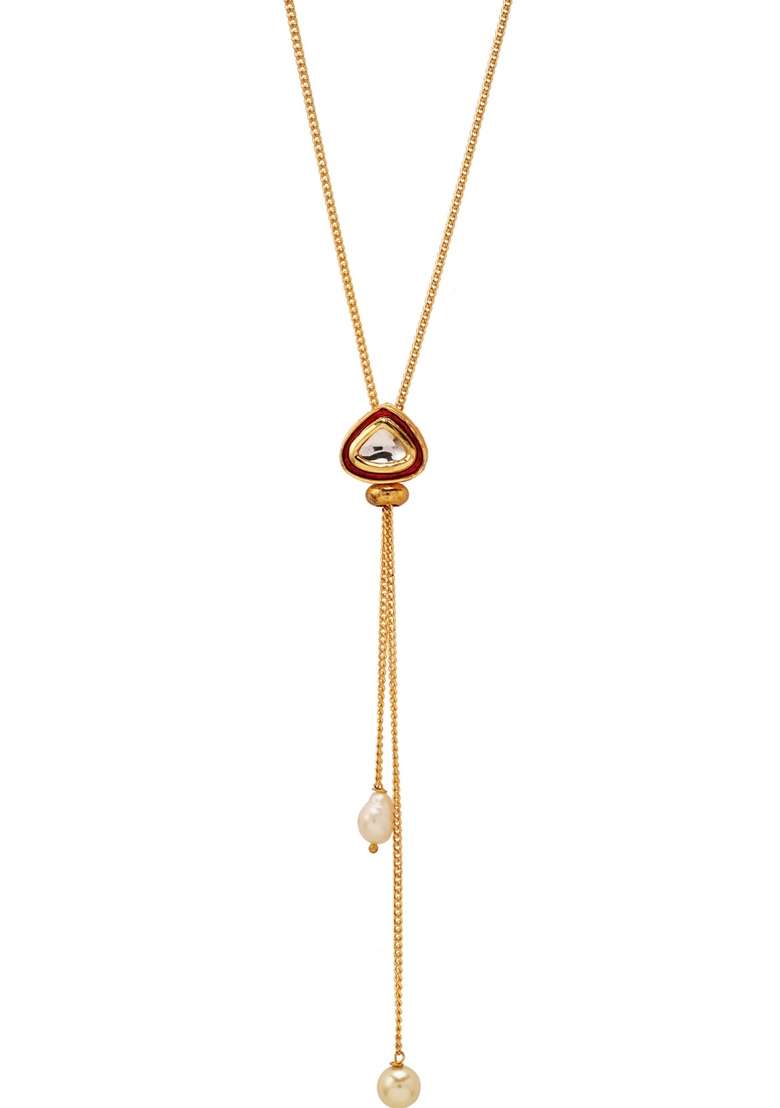 22Kt Gold Plated Red Enameled Kundan Lariat - Indya