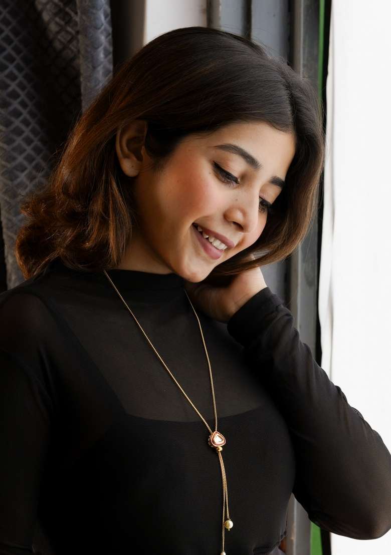 22Kt Gold Plated Red Enameled Kundan Lariat - Indya