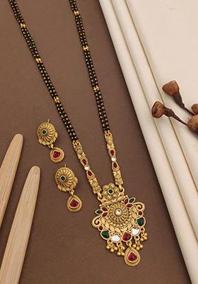 Gold Plated Gold And Black Beads Metal Mangalsutra With Earrings