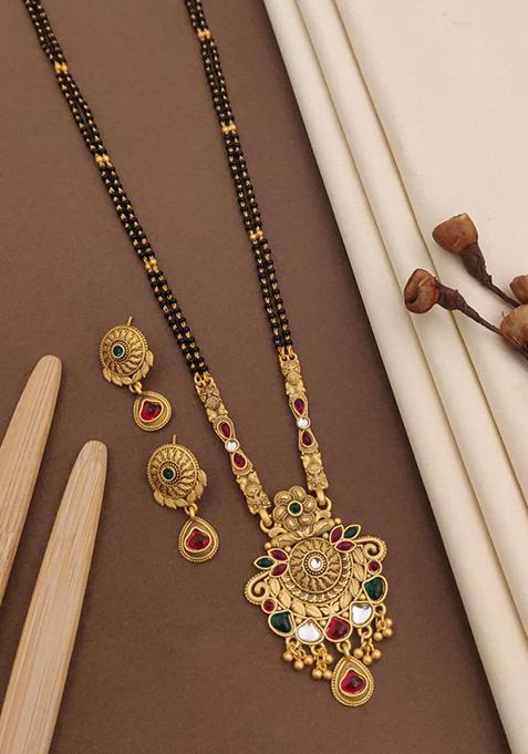 Gold Plated Gold And Black Beads Metal Mangalsutra With Earrings