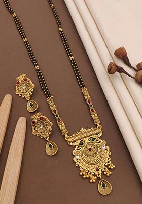 Gold Plated Gold And Black Beads Metal Mangalsutra Set