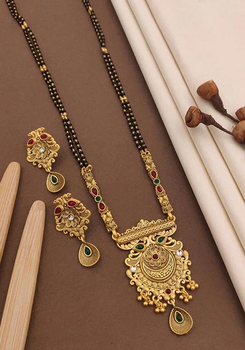 Gold Plated Gold And Black Beads Metal Mangalsutra Set