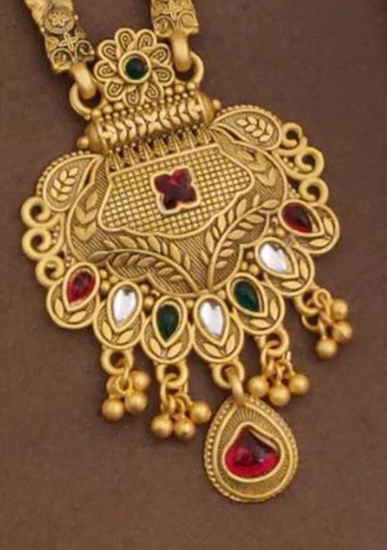 Gold Plated Gold And Black Beads Metal Mangalsutra With Earrings