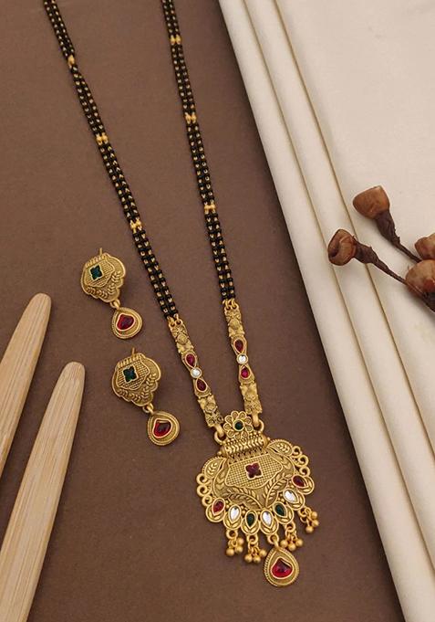 Gold Plated Gold And Black Beads Metal Mangalsutra With Earrings