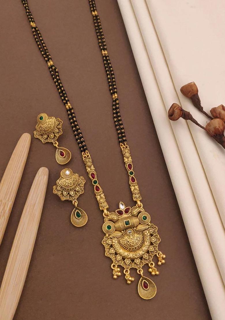 Gold Plated Gold And Black Beads Metal Mangalsutra With Earrings