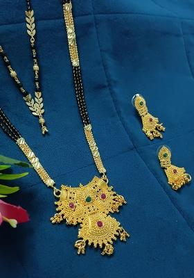 Gold Plated Gold Beads Alloy Mangalsutra Pack of 2 With Earrings