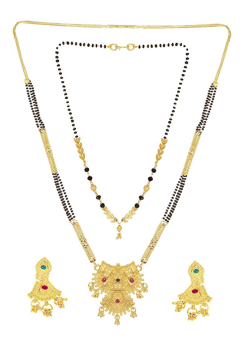 Gold Plated Gold Beads Alloy Mangalsutra Pack of 2 With Earrings