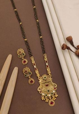 Gold Plated Gold And Black Beads Metal Mangalsutra With Earrings
