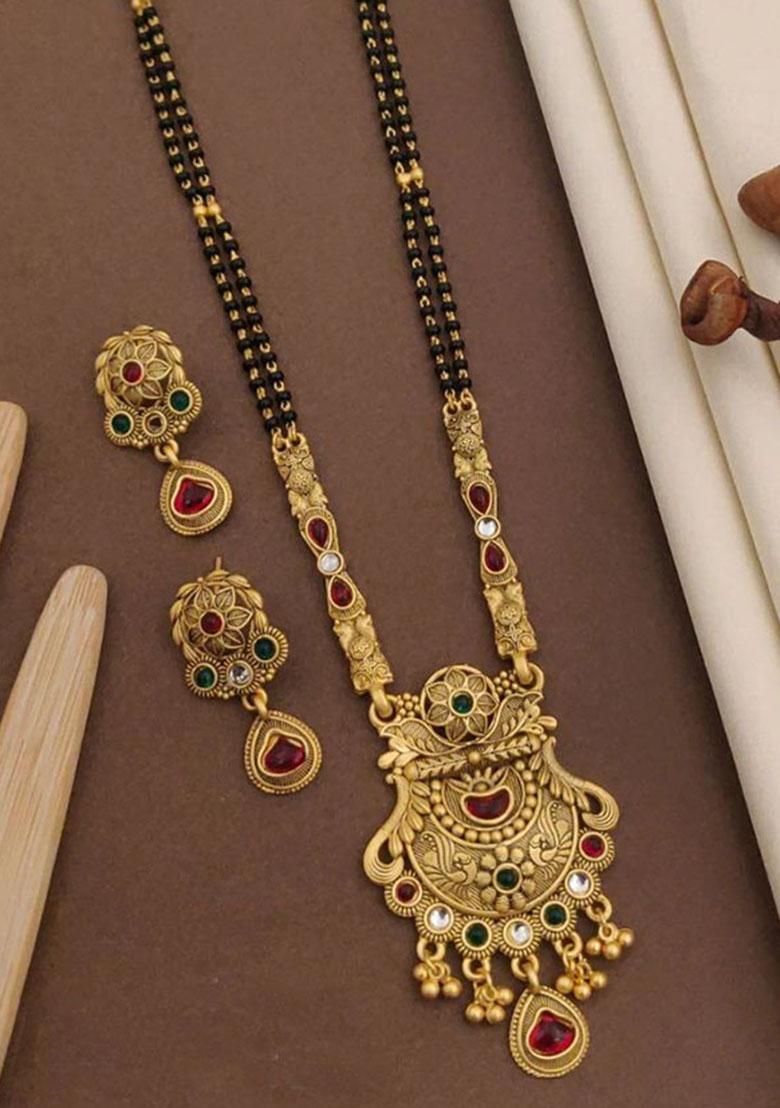 Gold Plated Gold And Black Beads Metal Mangalsutra With Earrings