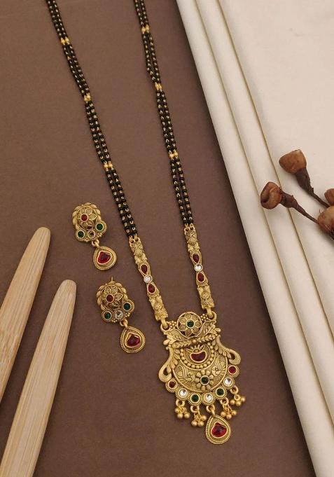 Gold Plated Gold And Black Beads Metal Mangalsutra With Earrings