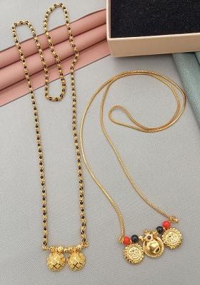 Gold Plated Gold And Black Beads Metal Mangalsutra