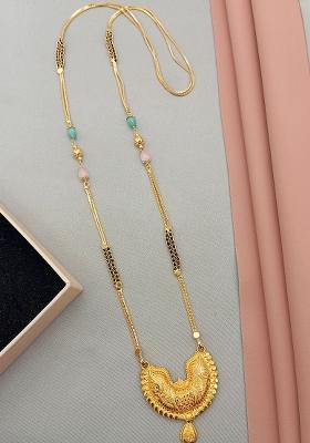 Gold Plated Gold And Black Beads Metal Mangalsutra