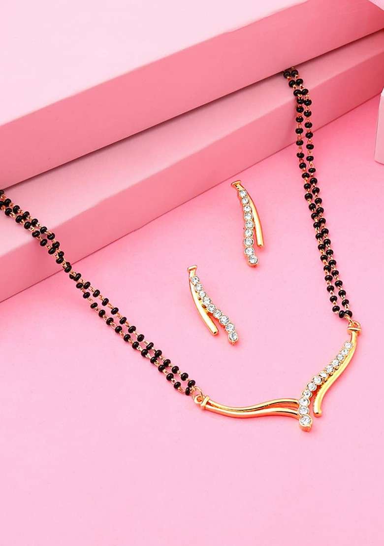 White Solid Gold Plated Mangalsutra With Earrings - Indya